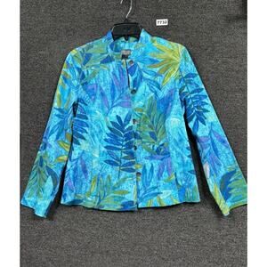 Chico's Blazer Jacket Womens Size 1 US 8 Teal Blue Leaf Floral Button Casual